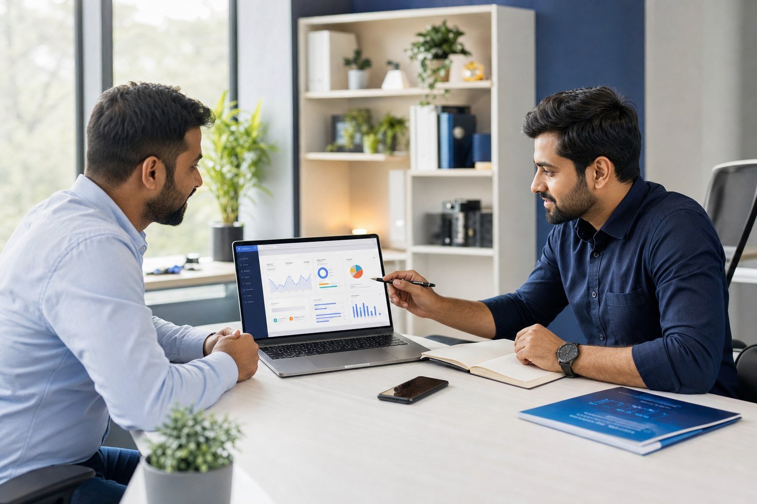 Indian business owner discussing a digital growth plan with an Indian consultant