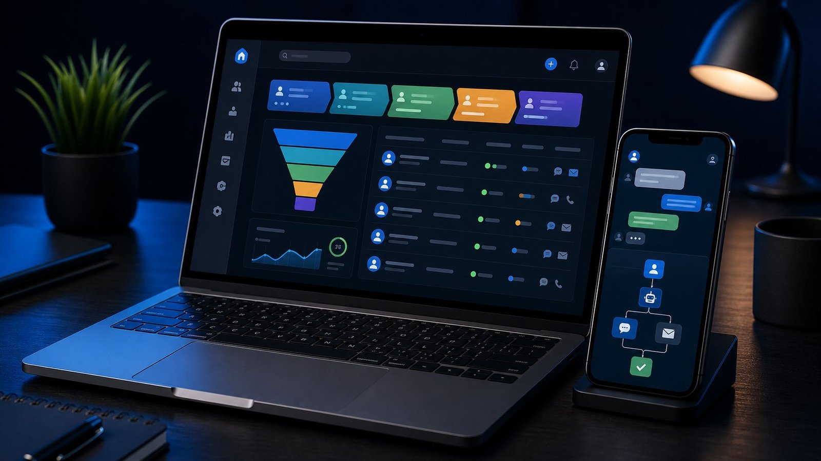 Laptop and phone showing a clean CRM automation workflow