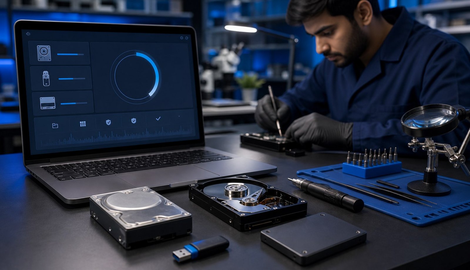 Indian technician working carefully with hard drives and data recovery equipment