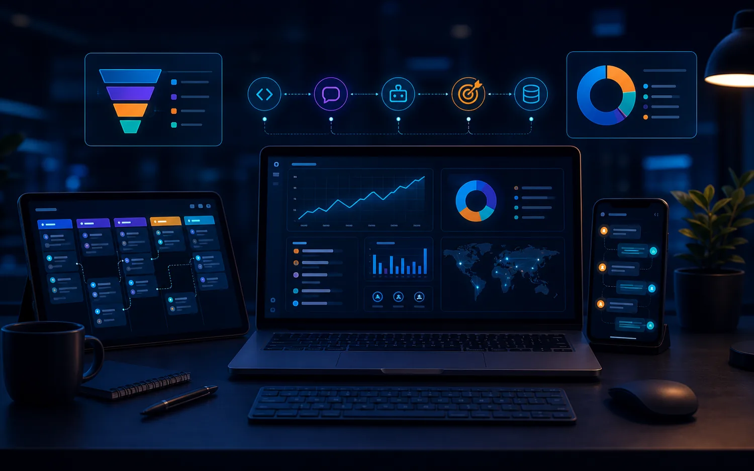Premium business automation dashboard on laptop, tablet, and phone screens