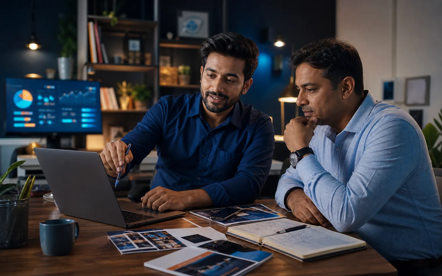 Indian business owner and digital consultant reviewing a growth plan with business material and a laptop