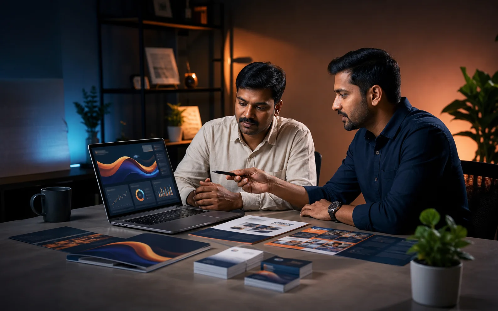 Indian business owner and digital consultant reviewing a growth plan with business material and a laptop