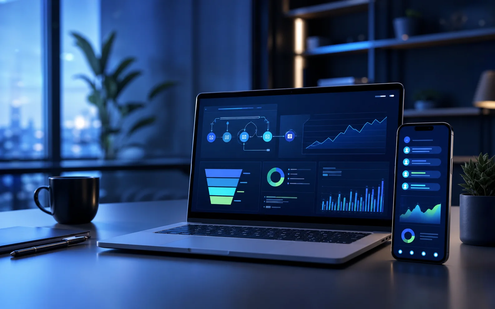 Laptop and smartphone showing an abstract CRM automation and analytics workspace