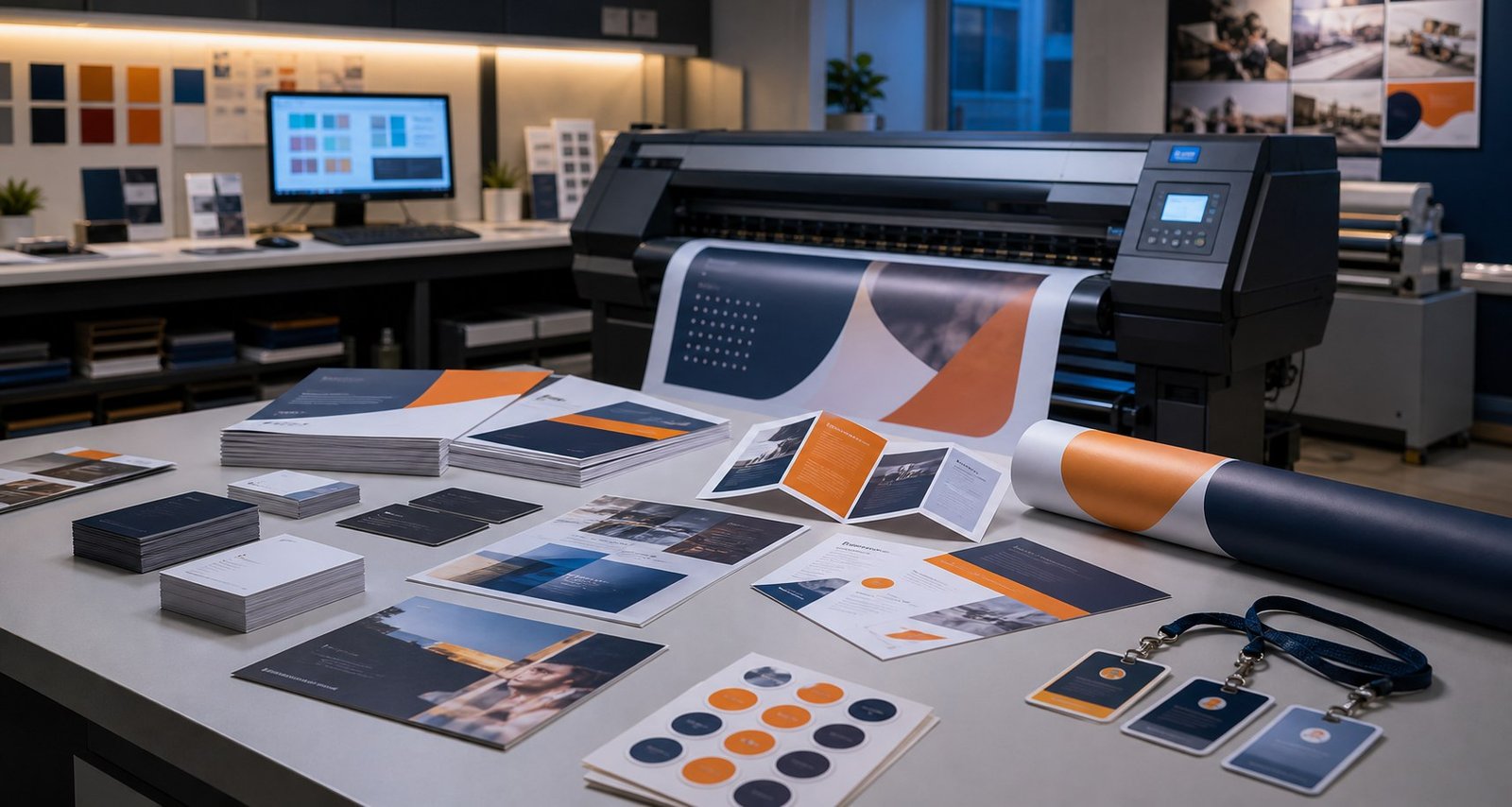 Professional printing workspace with business stationery and marketing material