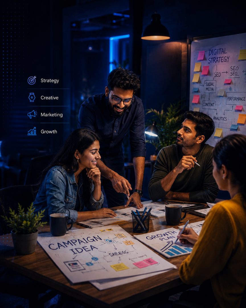 Indian digital agency team discussing website, marketing, and CRM strategy in a modern office